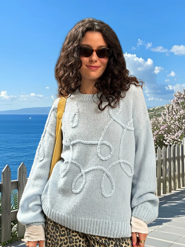 Damen Modischer Strickpullover mit strukturiertem Zopfmuster und lockerer Passform Drune