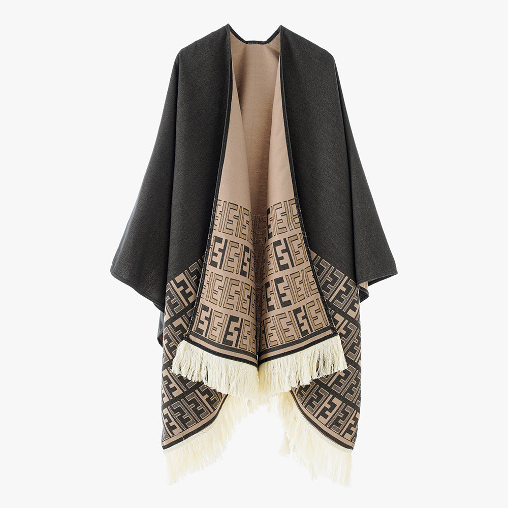 Damen eleganter Überwurf-Poncho mit kunstvollem Fransen-Design und besonderen grafischen Mustern Drune