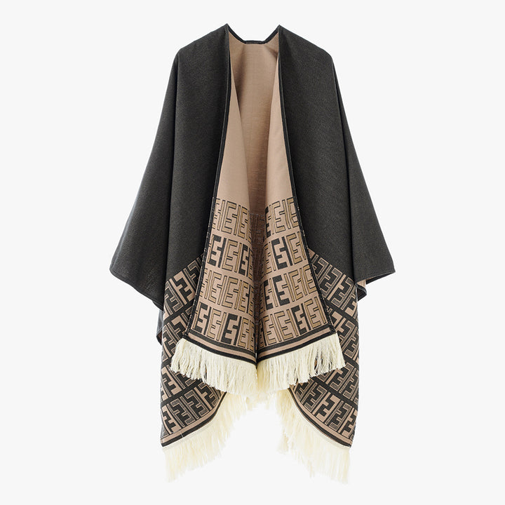 Damen eleganter Überwurf-Poncho mit kunstvollem Fransen-Design und besonderen grafischen Mustern Drune