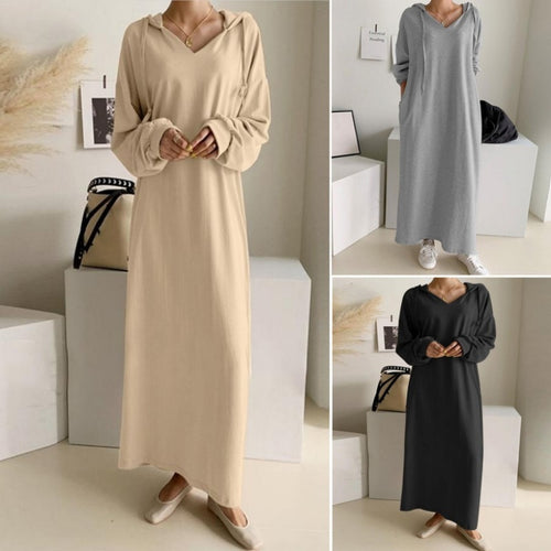 Damen nan lässiges Kapuzen-Maxikleid mit V-Ausschnitt, langen Ärmeln, lockerem geradem Schnitt und elastischen Bündchen Drune