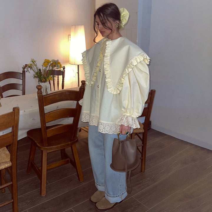 Damen Oversize Bluse mit Rüschendetails und Spitzenbesatz Drune