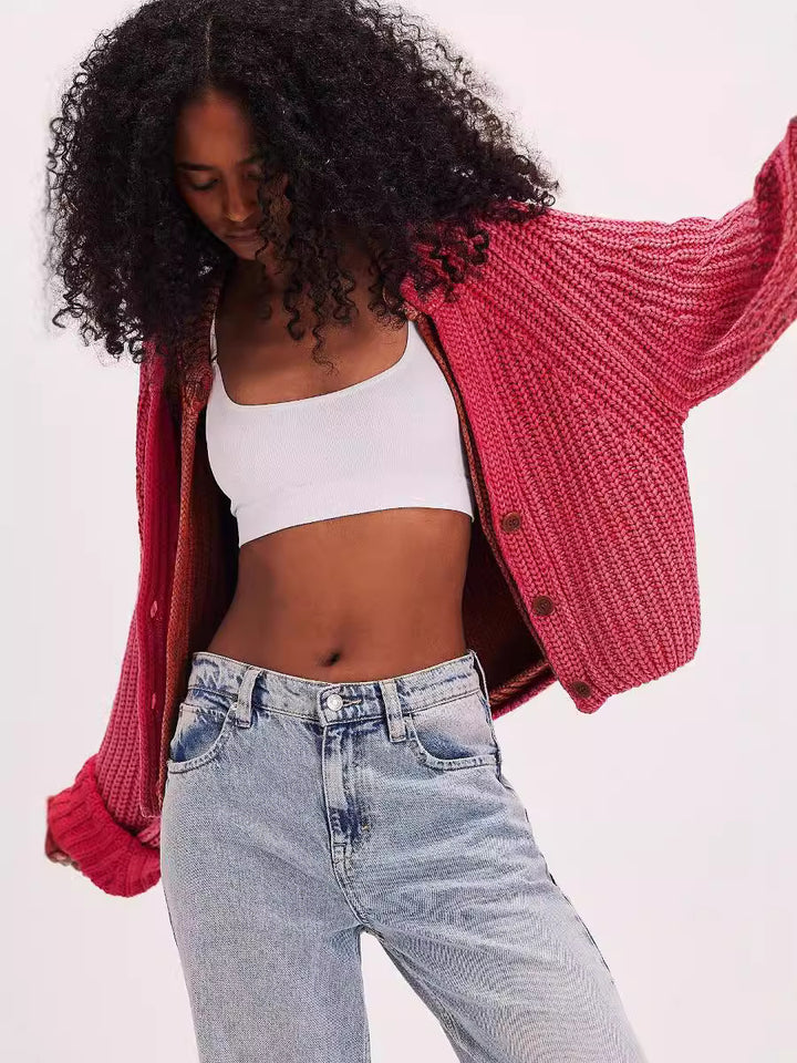 Damen lässige Strickjacke mit dekorativem Knopfverschluss und voluminösen Ärmeln Drune