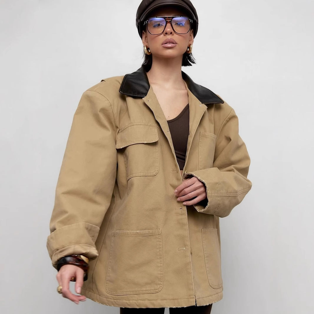 Damen lässige Oversized-Jacke mit ledernem Kragen und praktischen Taschen Drune