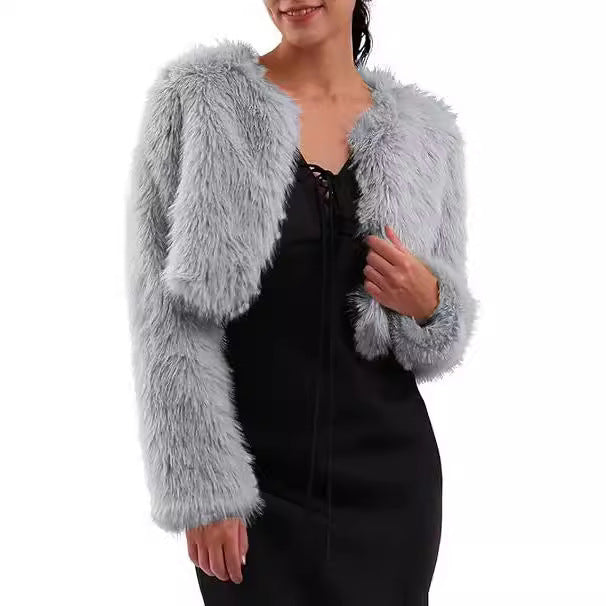 Damen Kurze glamouröse Kunstfelljacke mit lockeren Ärmeln Drune