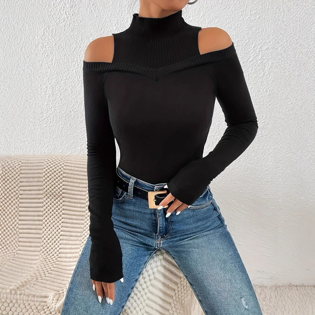 Damen modisches Langarm-Oberteil mit Cut-Outs und hohem Kragen Drune