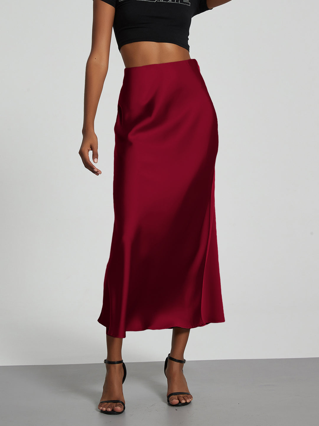 Damen Stilvolle Satin-Stretchrock mit hohem Bund und fließendem Schnitt Drune