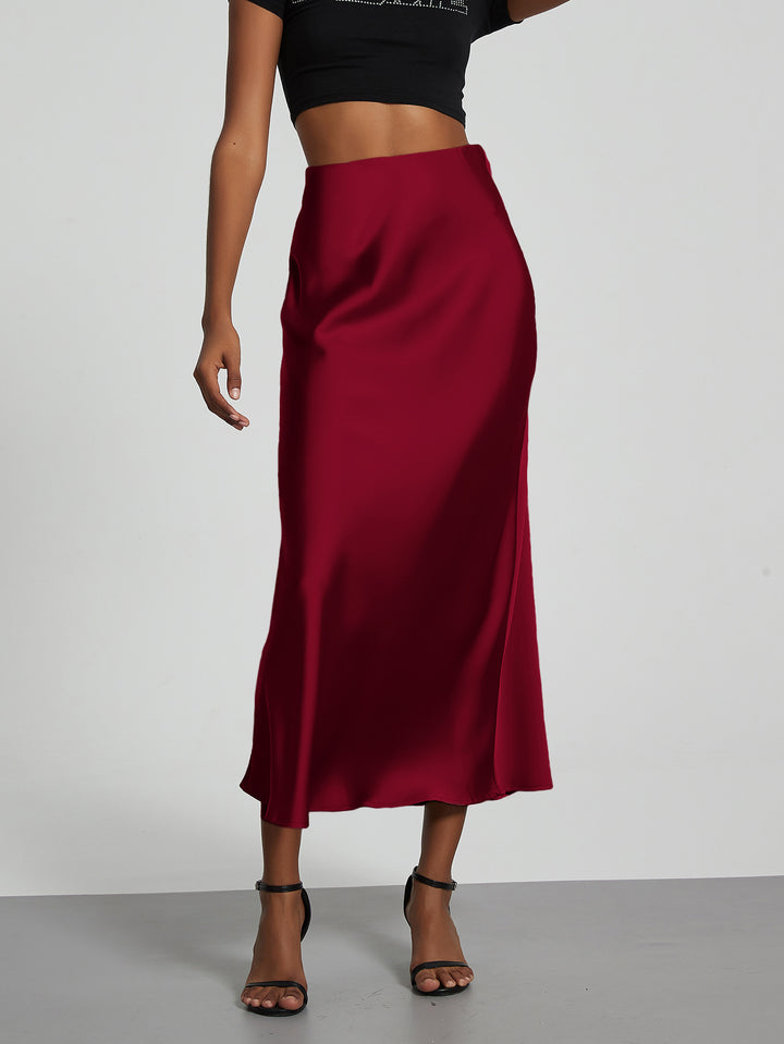 Damen Stilvolle Satin-Stretchrock mit hohem Bund und fließendem Schnitt Drune