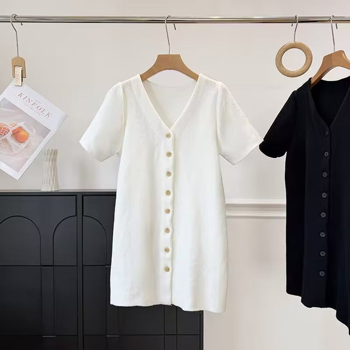 Damen Knopf-Down Kleid mit V-Ausschnitt und kurzen Ärmeln Drune