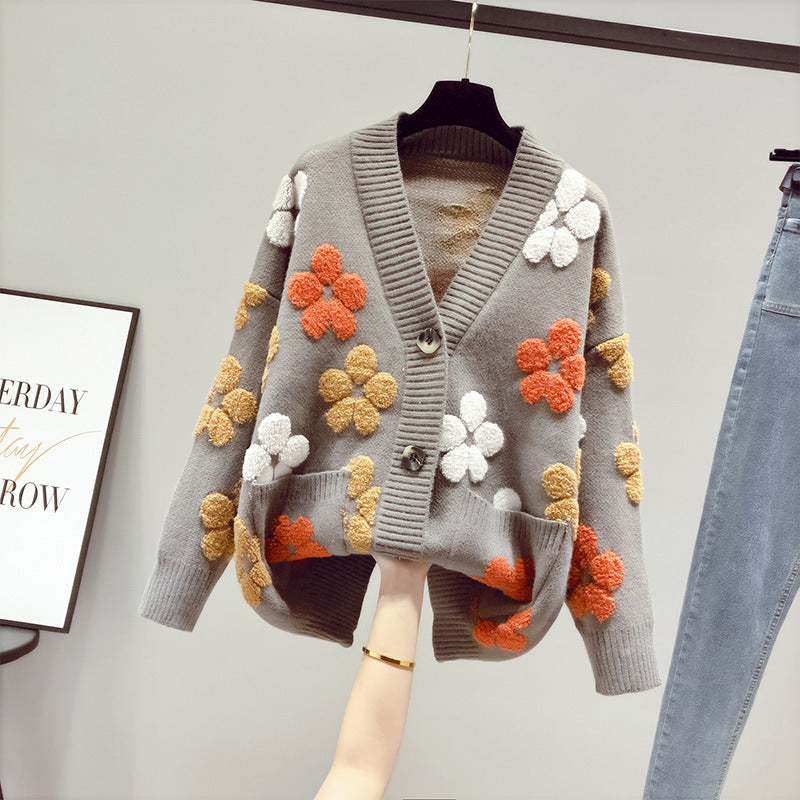 Damen kuschelige Strickjacke mit floralem Muster und offenen Vorderteilen Drune