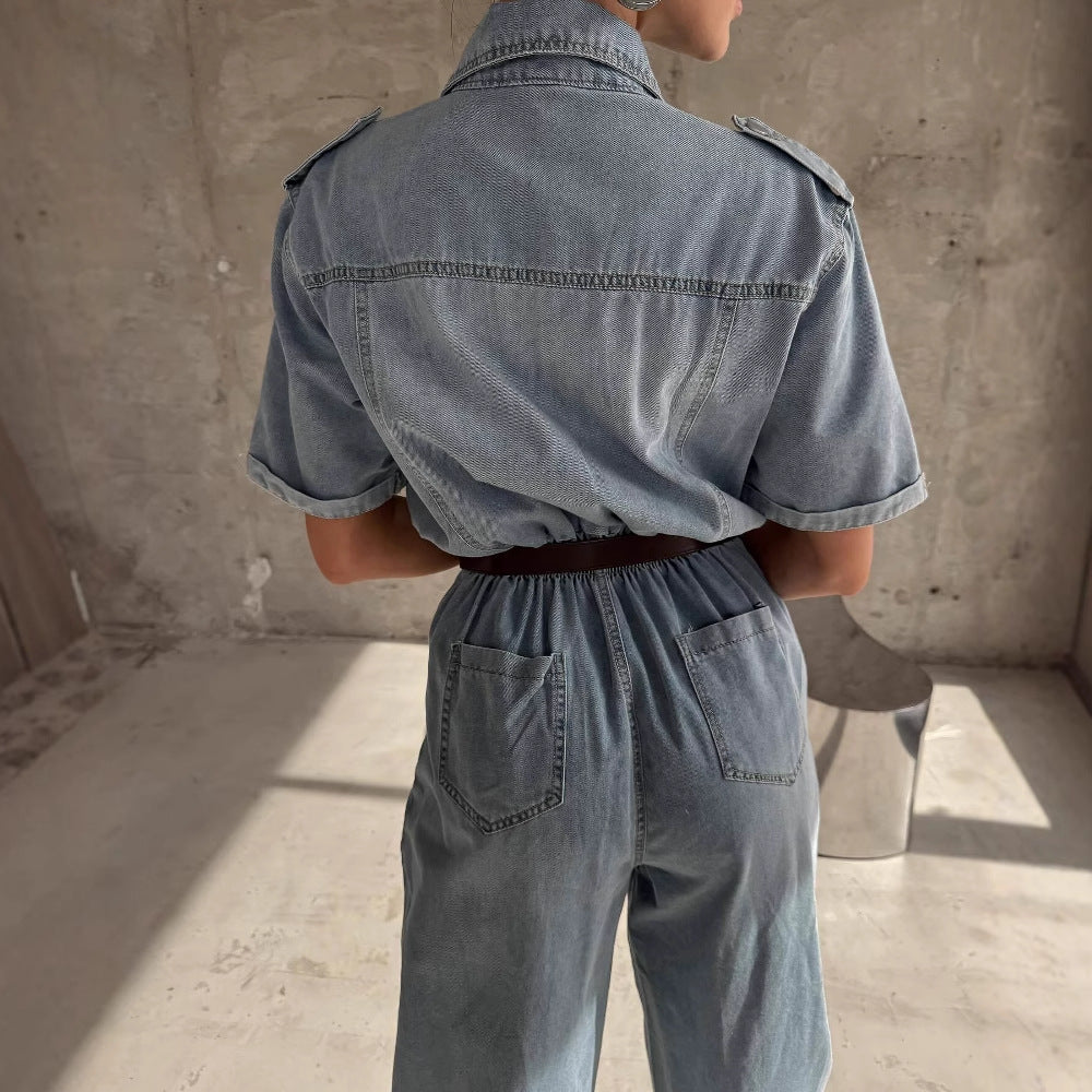 Damen Jeanshemd Jumpsuit mit modischem Schnitt und praktischen Taschen Drune