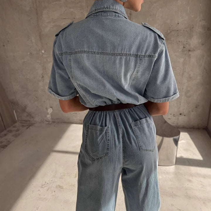 Damen Jeanshemd Jumpsuit mit modischem Schnitt und praktischen Taschen Drune