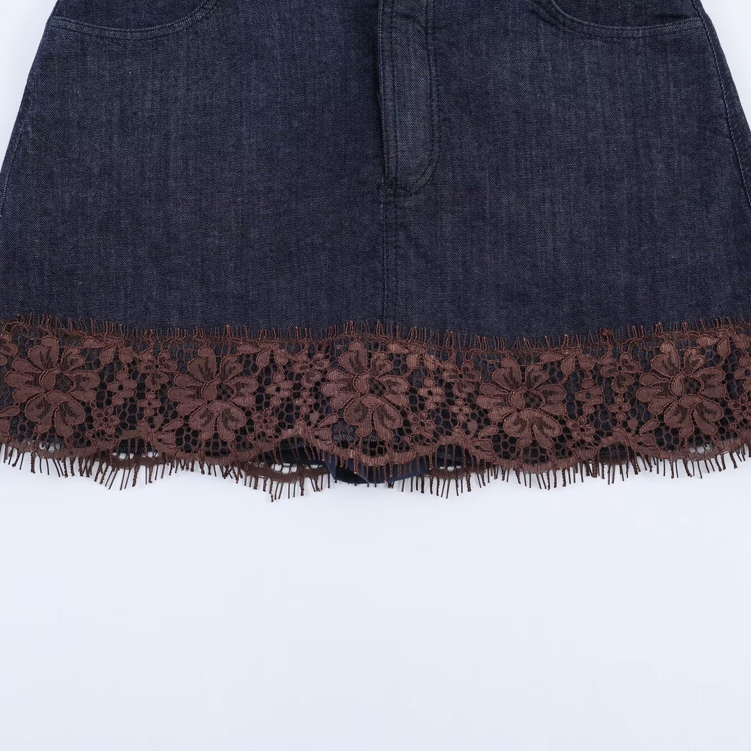 Damen Jeansrock mit exquisiter Spitze und fransigem Saum Drune
