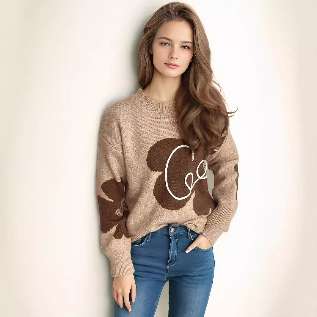 Damen modischer Strickpullover mit dezentem floralem Design und weichem Stoff Drune