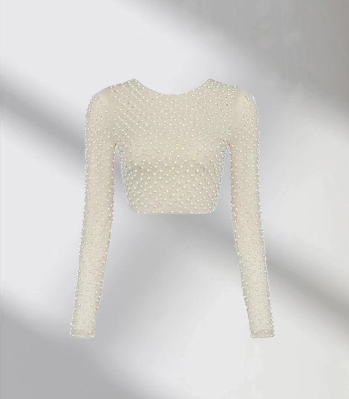 Damen Elegantes Langarm-Crop-Top mit Perlenbesatz Drune