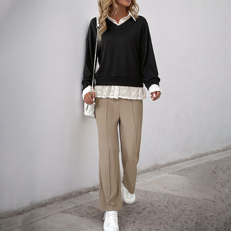 Damen Overlayer Sweatshirt mit romantischem Spitzenansatz Drune