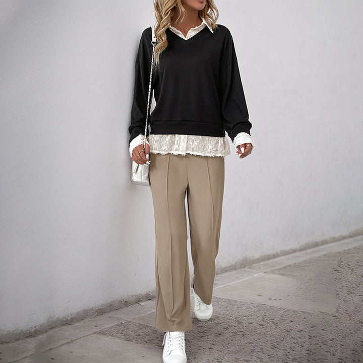 Damen Overlayer Sweatshirt mit romantischem Spitzenansatz Drune