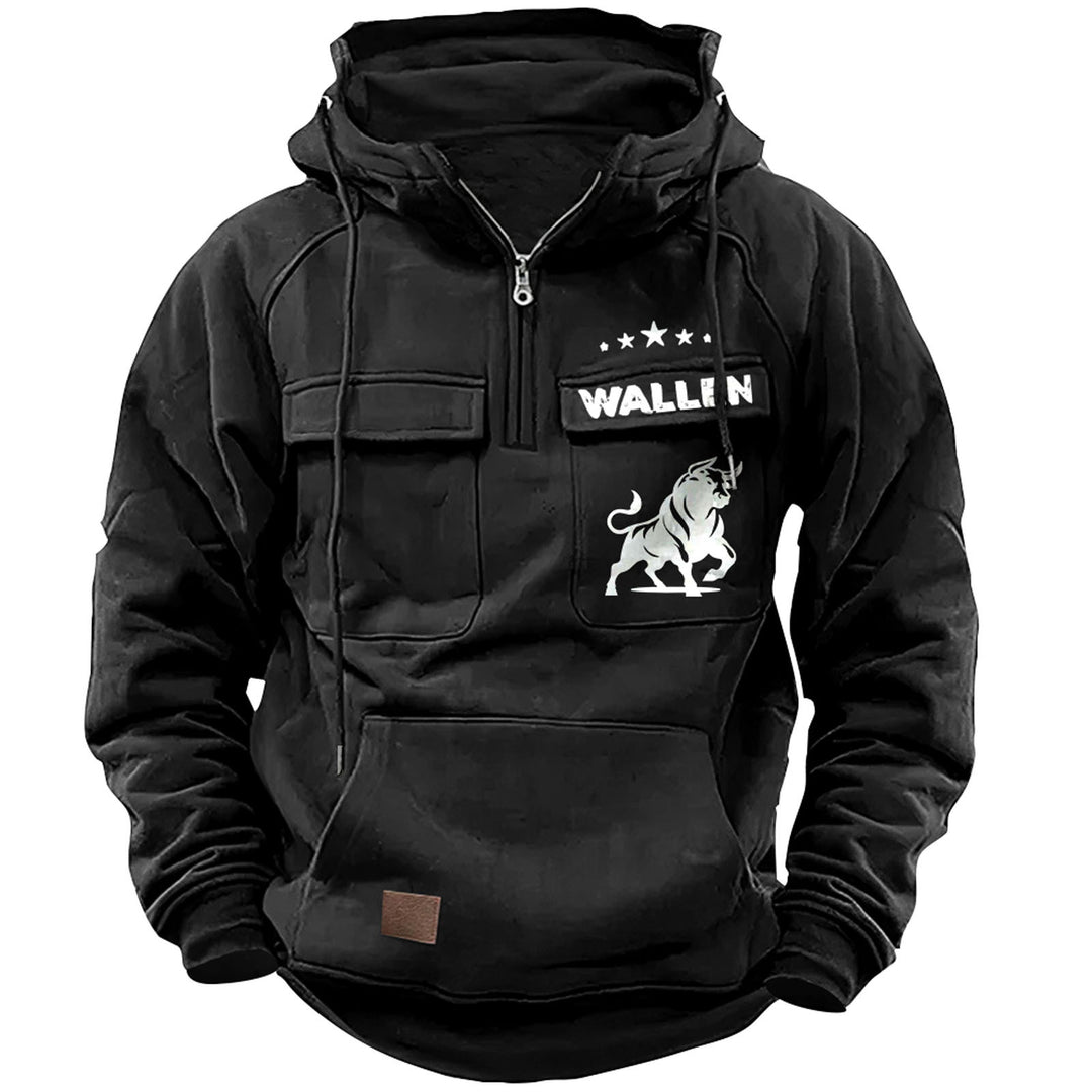 Herren nan Kapuzenpullover mit Halbzip, Cargo-Brusttaschen und Kängurutasche Drune