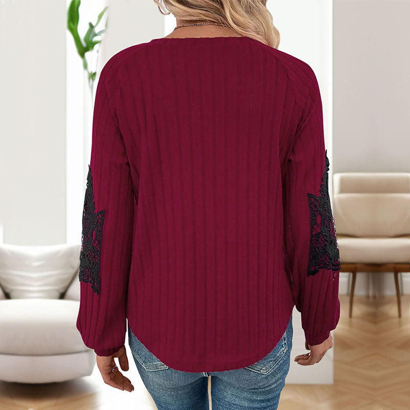 Damen Eleganter V-Ausschnitt Pullover mit Spitzen-Ärmeldetails Drune