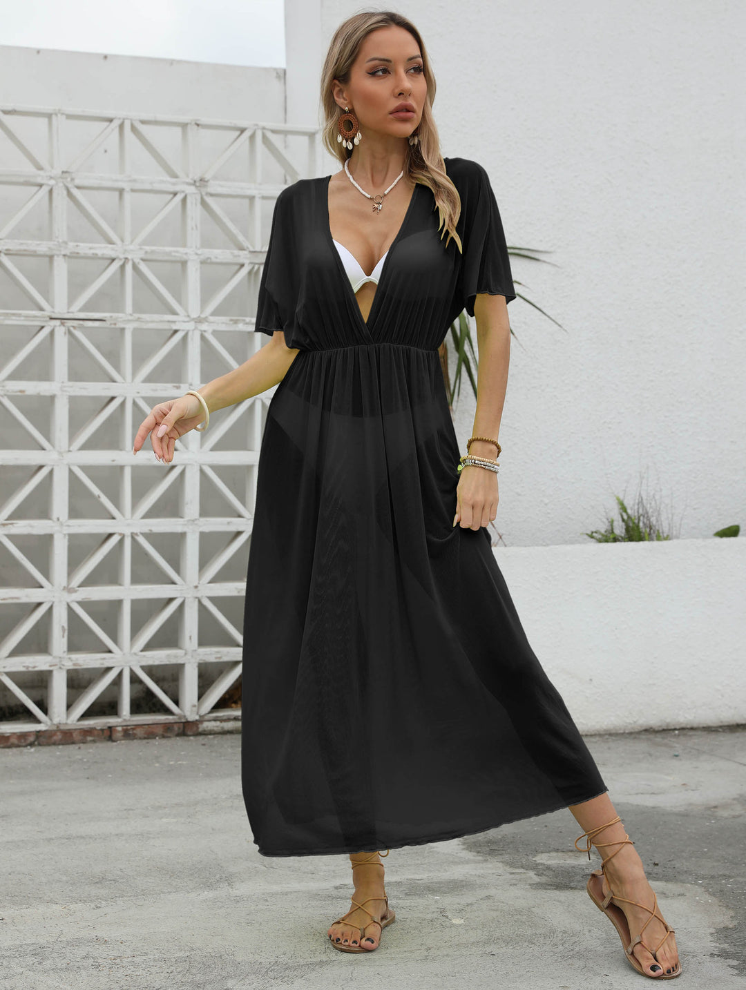 Damen elegantes Maxi-Kleid mit tiefem V-Ausschnitt und fließendem Rock Drune