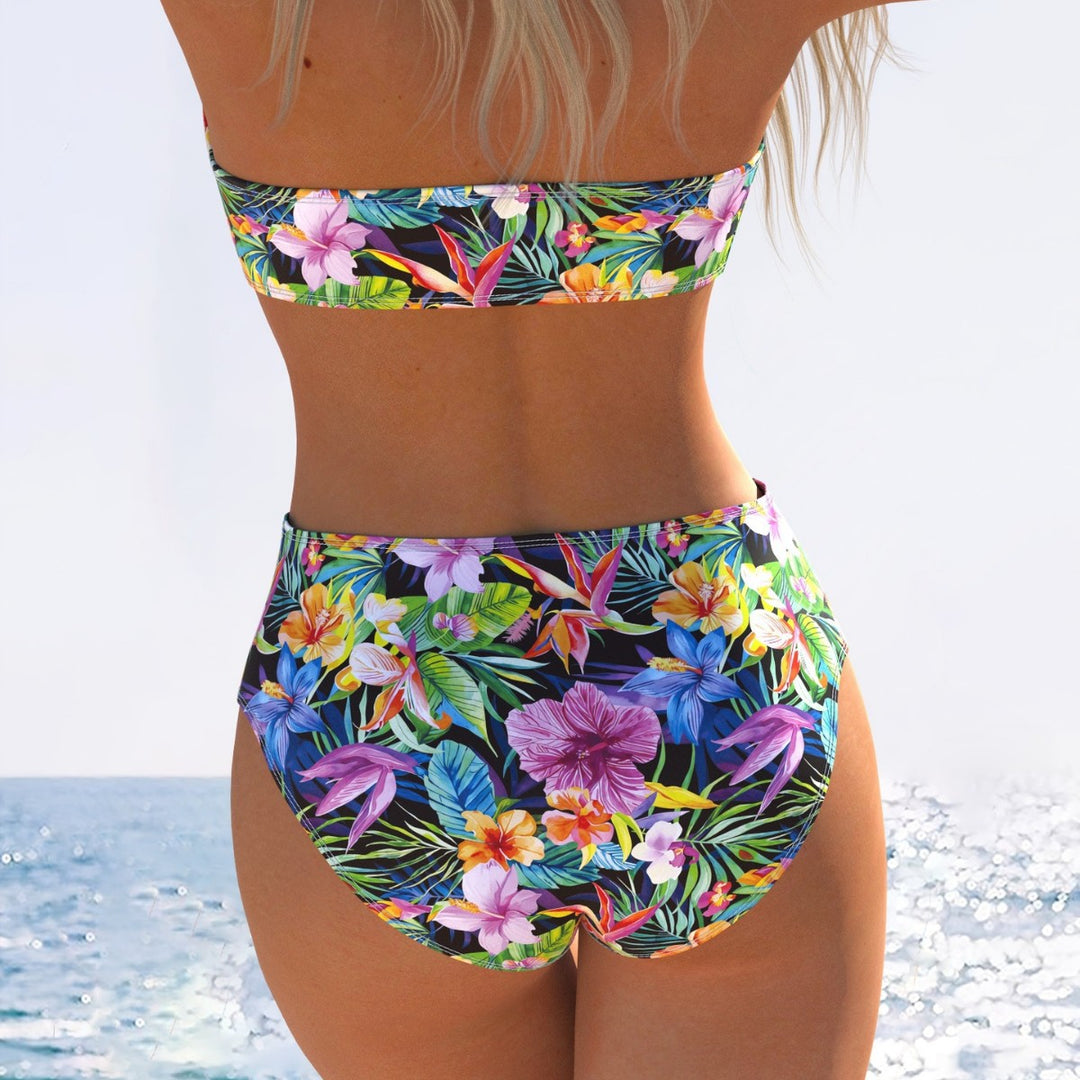 Damen Bandeau-Bikini mit hohem Taillenschnitt und buntem Tropenmotiv Drune