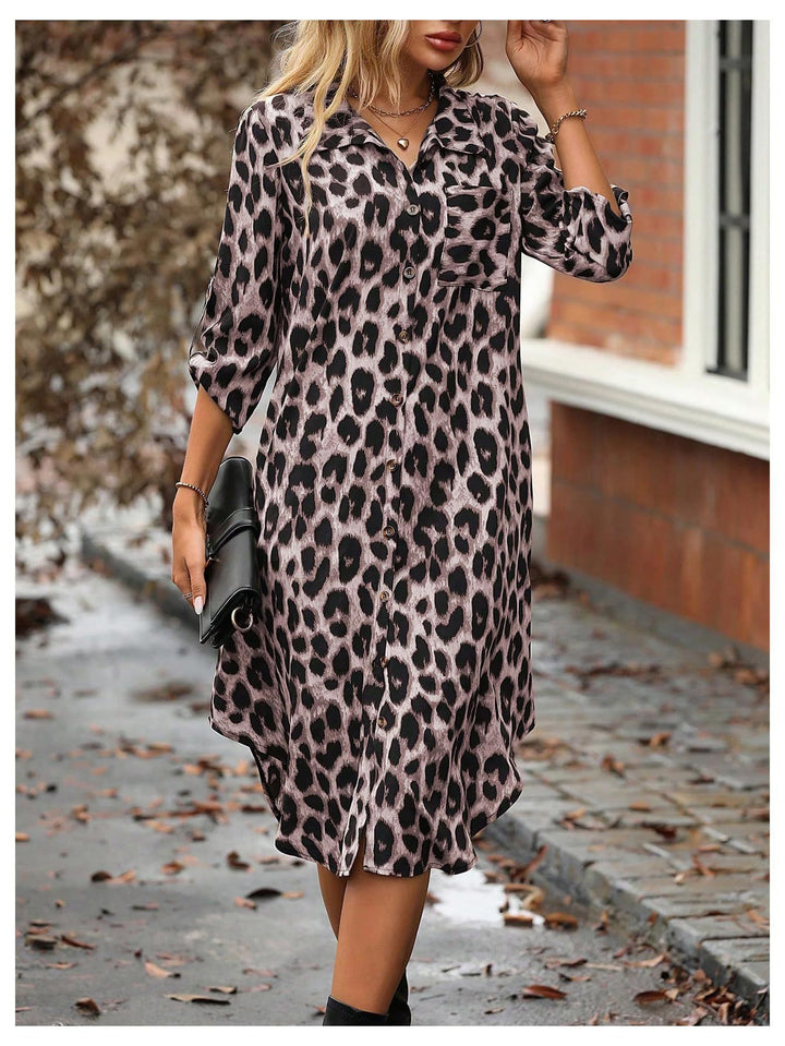 Damen Stylisches Leopardenmuster Langes Knopf-up Kleid Drune