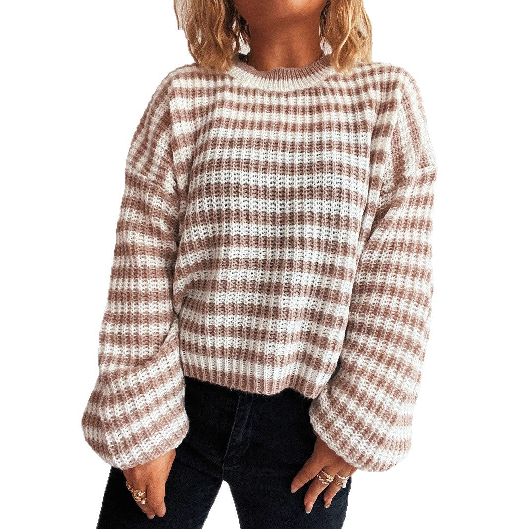 Damen lässiger Strickpullover mit breiten Streifen Drune