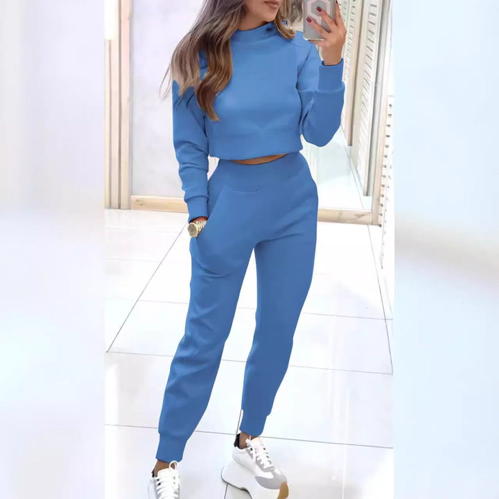 Damen sportliches Set aus kuscheligem Baumwollmaterial mit stylischem Cropped-Oberteil und elastischem Bund Drune