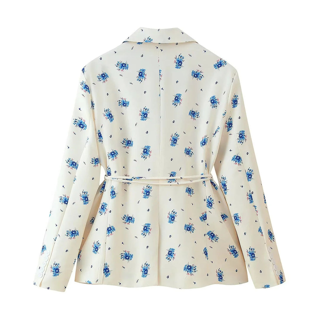 Damen elegante Blazerjacke mit floralem Muster und taillierbarem Gürtel Drune