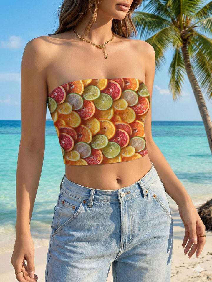 Damen Bandeau-Top mit floralem Vogelmotiv und elastischer Passform Drune
