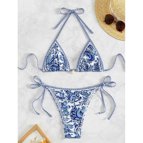 Damen Triangel-Bikini mit verspieltem Floral-Design und Bindebändern Drune