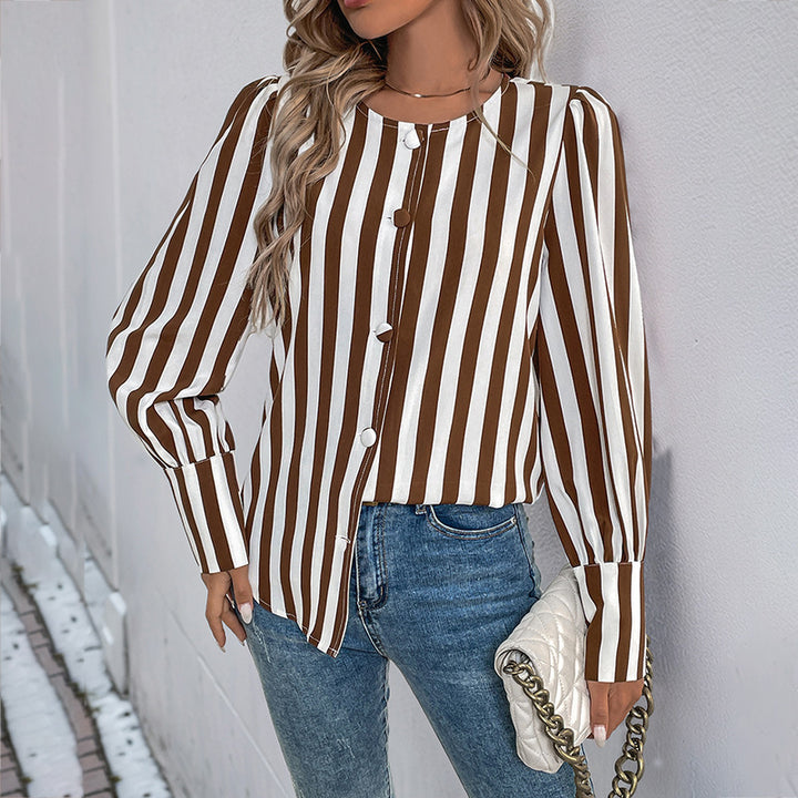 Damen gestreifte Bluse mit eleganten Puffärmeln und Schaltknöpfen Drune