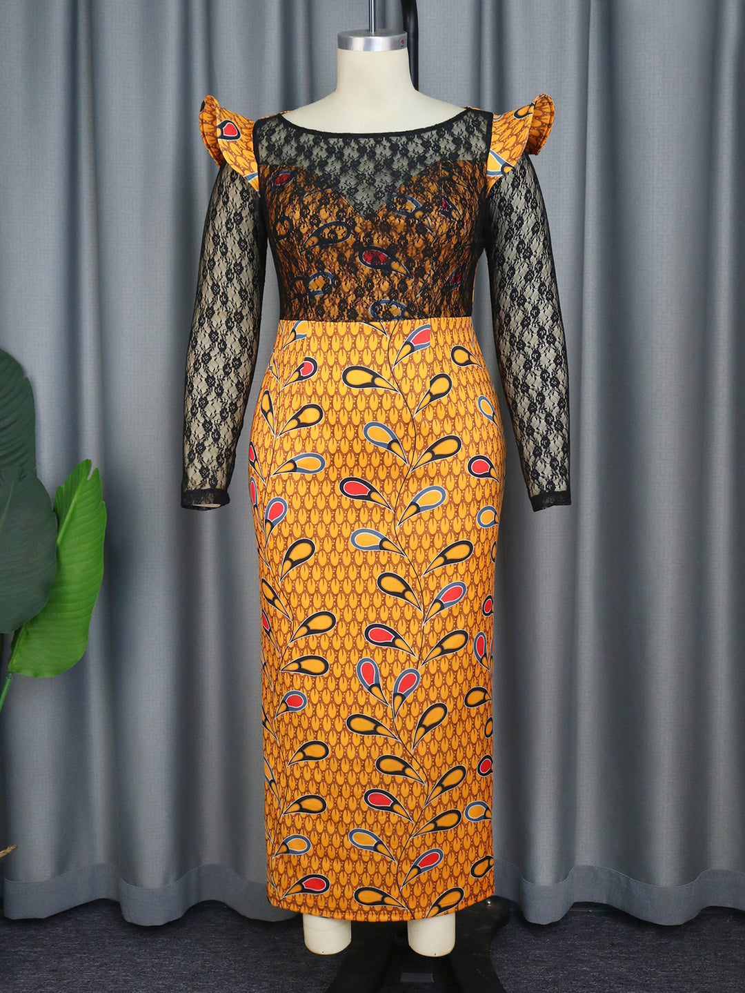 Damen Elegantes Langarmkleid mit floralem Muster und transparenter Spitzeneinlage Drune