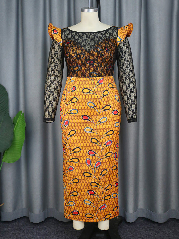 Damen Elegantes Langarmkleid mit floralem Muster und transparenter Spitzeneinlage Drune