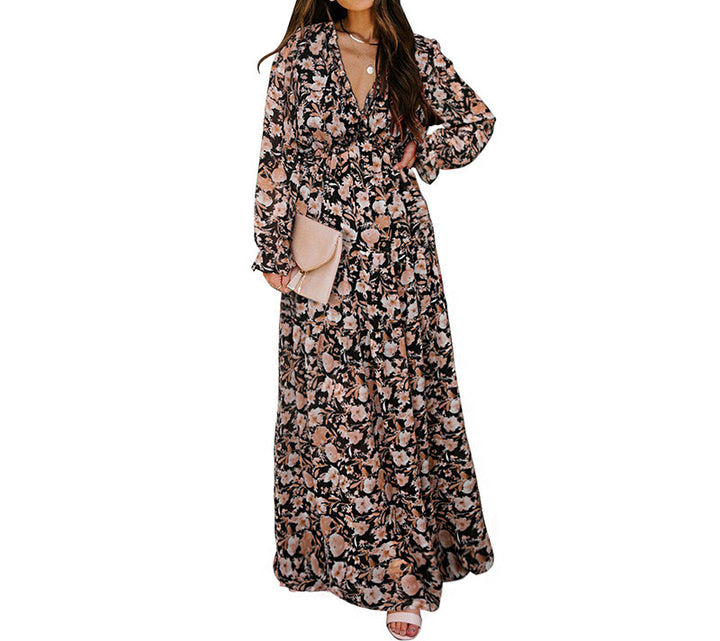 Damen Maxikleid mit floralem Vintage-Druck und V-Ausschnitt Drune