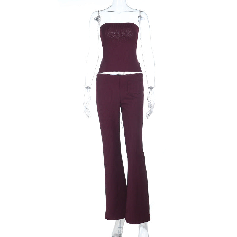 Damen elegantes Set aus trägerlosem Oberteil und flared Hose Drune