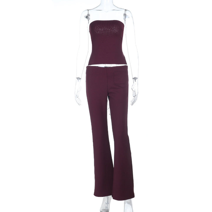 Damen elegantes Set aus trägerlosem Oberteil und flared Hose Drune