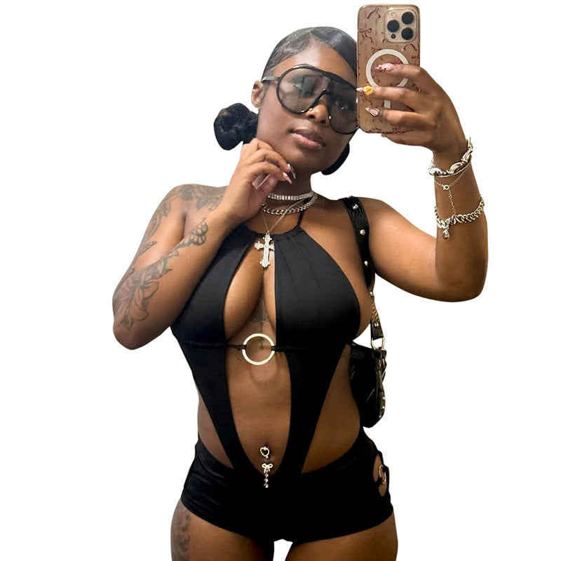 Damen Einteiliger Badeanzug mit tiefem Ausschnitt und Ringen Drune