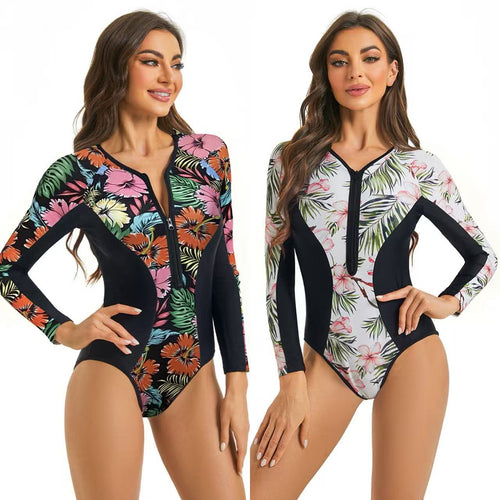 Damen Sportlicher Langarm Badeanzug mit floralem Grafikdesign Drune