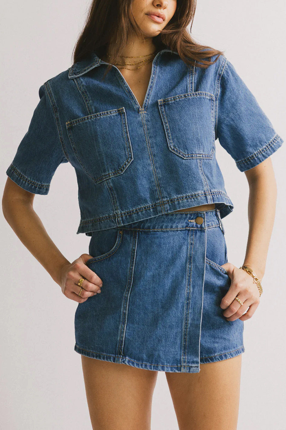 Damen lässiges Denim-Kurzjacken-Set mit passendem Rock Drune