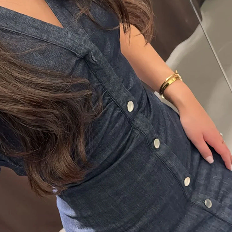 Damen Knielanges Denim Kleid mit elegantem Knopfdesign Drune