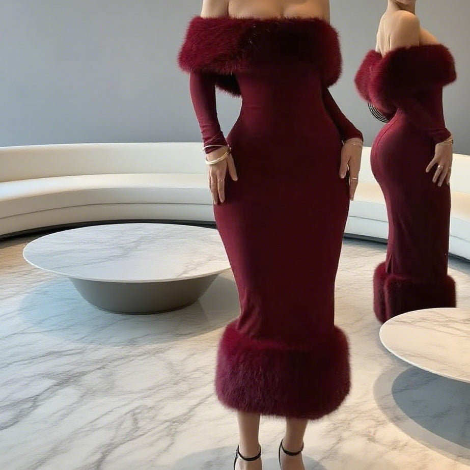 Damen Elegantes Abendkleid mit luxuriösem Federbesatz Drune