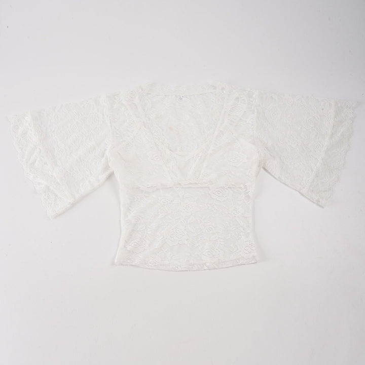 Damen Spitzenoberteil im romantischen Vintage-Stil mit weiten Ärmeln Drune