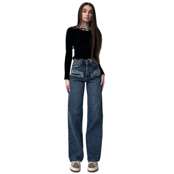 Damen Hohe Taillenjeans mit weitem Bein und Bindegürtel Drune