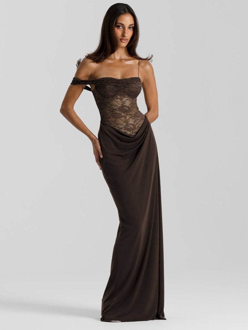 Damen Elegantes Abendkleid mit Spitzenoberteil und fließendem Rockteil Drune