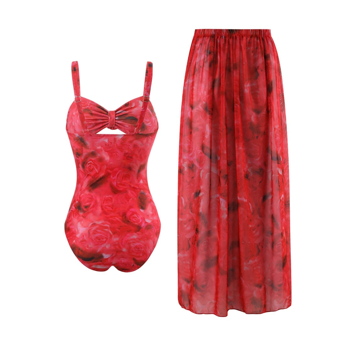 Damen Einteiler Badeanzug mit floralem Design und transparentem Überrock Drune