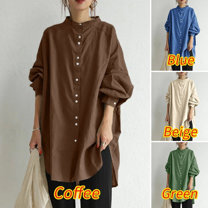 Damen nan lässige Oversize-Tunika-Hemdbluse mit Stehkragen, durchgehender Knopfleiste und seitlichen Schlitzen Drune