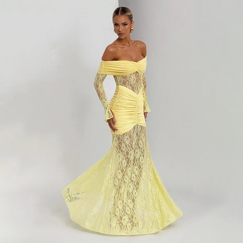 Damen Elegantes Langarm-Spitzenkleid mit Raffungen und schulterfreiem Design Drune