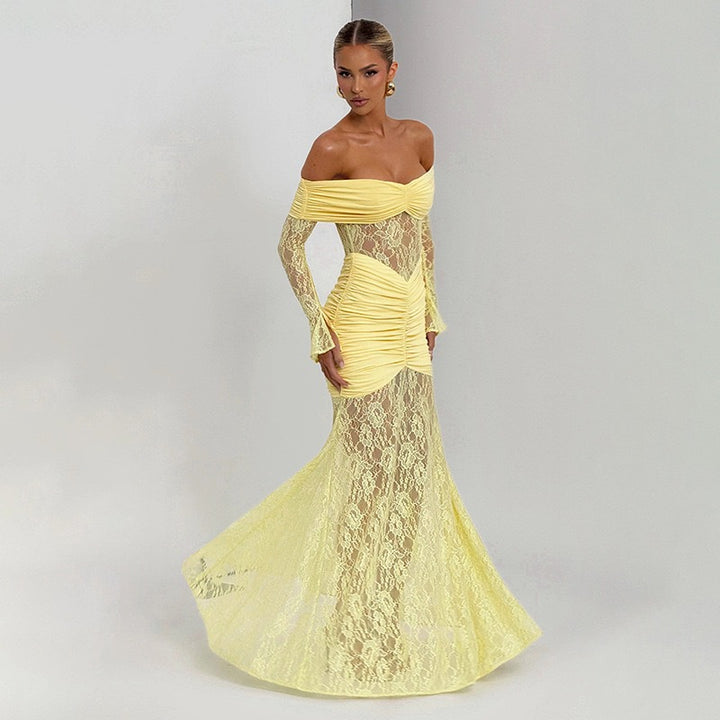 Damen Elegantes Langarm-Spitzenkleid mit Raffungen und schulterfreiem Design Drune