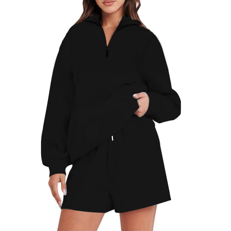 Damen Lässiger Kapuzenpullover mit kurzem Reißverschluss und praktischen Taschen Drune