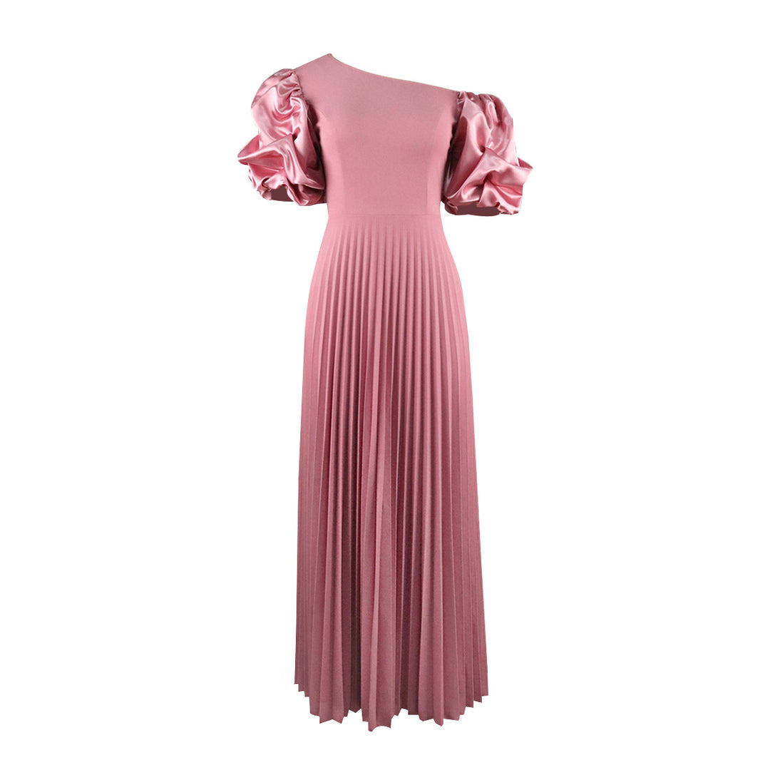 Damen Plissiertes Maxikleid mit asymmetrischem Oberteil und voluminösen Puffärmeln Drune